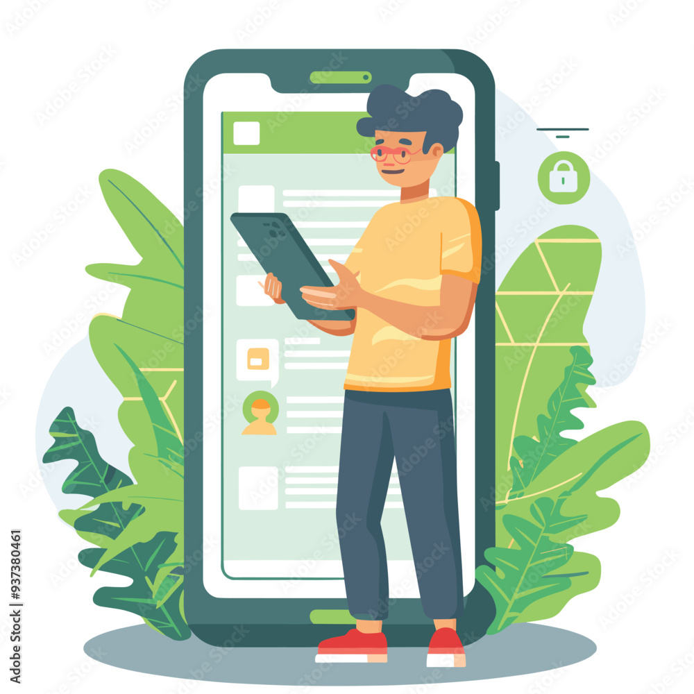 Poster young male using a tablet, standing in front of a giant smartphone screen with a messaging app inter