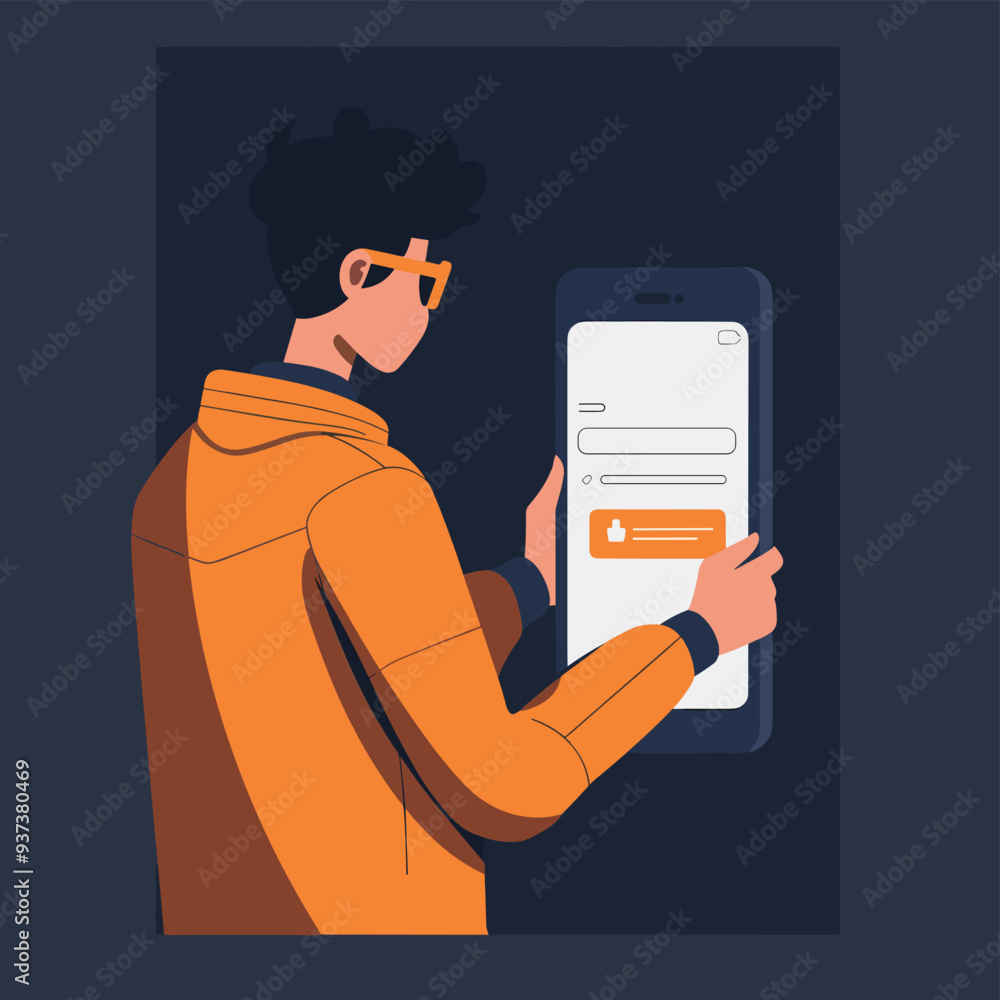 Poster young man interacting with a large touchscreen device in a dark setting.