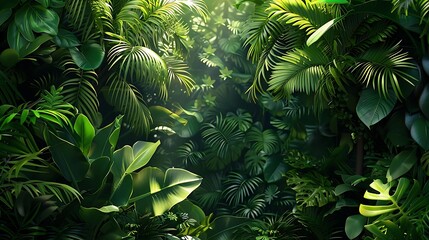 Fototapeta premium A lush, vibrant jungle scene filled with various green plants and foliage, illuminated by soft light.