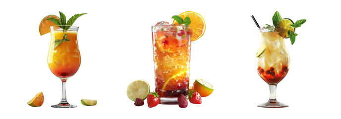 Cocktails set isolated on transparent background with different garnishes and glasses.
