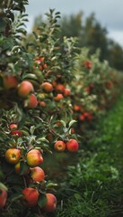 Vibrant organic apple orchard with ripe fruits and natural foliage, perfect for text overlay