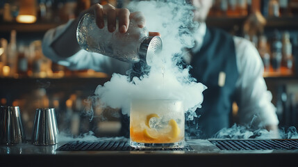 bartender pouring a smoky lemonade cocktail, the smoke curling gracefully from the drink, in a chic and modern bar setting