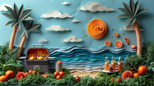 Summertime BBQ Delight: Intricate Paper Cut Scene of Grill, Food, and Drinks Bringing the Aroma of Summer Cookouts to Life