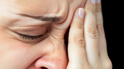 Woman experiencing headache or migraine. Pain and discomfort as she tightly shuts her eyes and presses her fingers against her temple