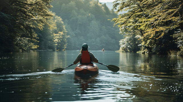 Frau paddelt im Kanu (Woman paddling in a canoe).