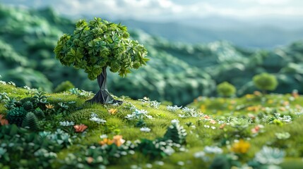 Naklejka premium Serene Park with Origami Trees under Blue Skies | Tranquil Nature Scene with Green Grass Outdoors