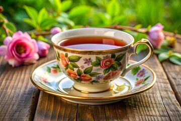 Fototapeta premium A white tea cup with a green mint leaf on top of it