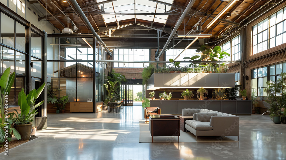 Poster warehouse's natural light enhanced by incorporating large skylights and expansive windows. glass par