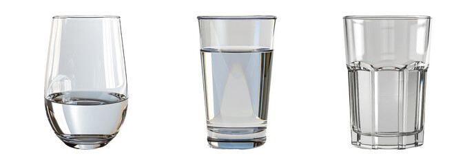 Drinking glasses set isolated on transparent background with different shapes and designs.