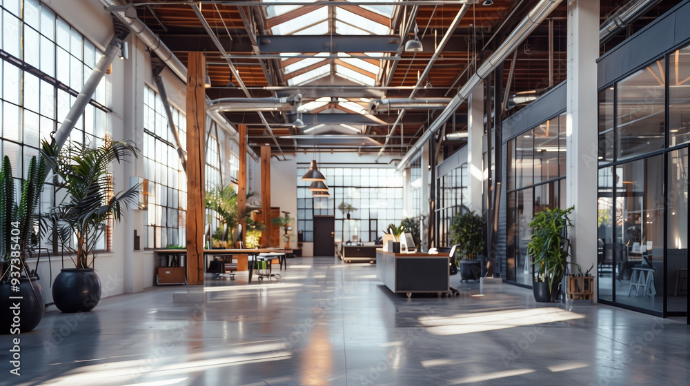 Poster warehouse's natural light enhanced by incorporating large skylights and expansive windows. glass par