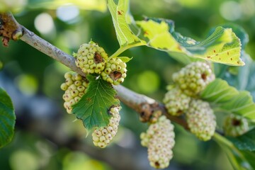 Fototapeta premium White mulberry harvest on a branch in the garden, agribusiness business concept, organic healthy food and non-GMO fruits with copy space 