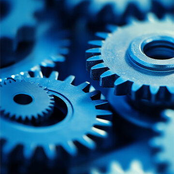 A close up of blue gears with a blue background. The gears are all different sizes and are arranged in a way that they appear to be interlocking. Concept of precision and order