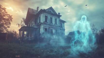 spooky Halloween background with shadowy spirits hovering around an old abandoned house, leaving an open area on the right side for text