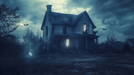 Fototapeta premium spooky Halloween background with shadowy spirits hovering around an old abandoned house, leaving an open area on the right side for text