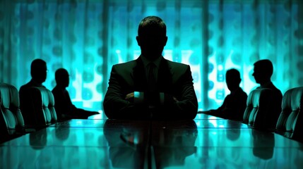 Mysterious executive in dark boardroom, seated at the head of a boardroom table. Authority and secrecy concept.