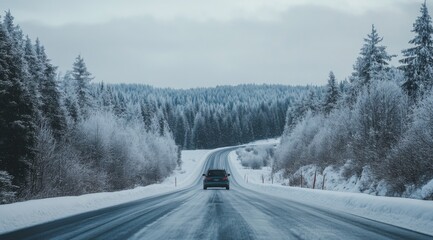Fototapeta premium A car driving on the highway in winter 
