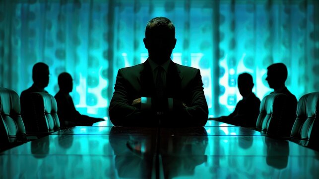 Mysterious executive in dark boardroom, seated at the head of a boardroom table. Authority and secrecy concept.