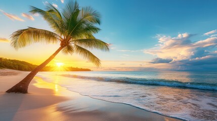 Fototapeta premium Palm Tree Silhouetted Against a Sunset Sky on a Tropical Beach