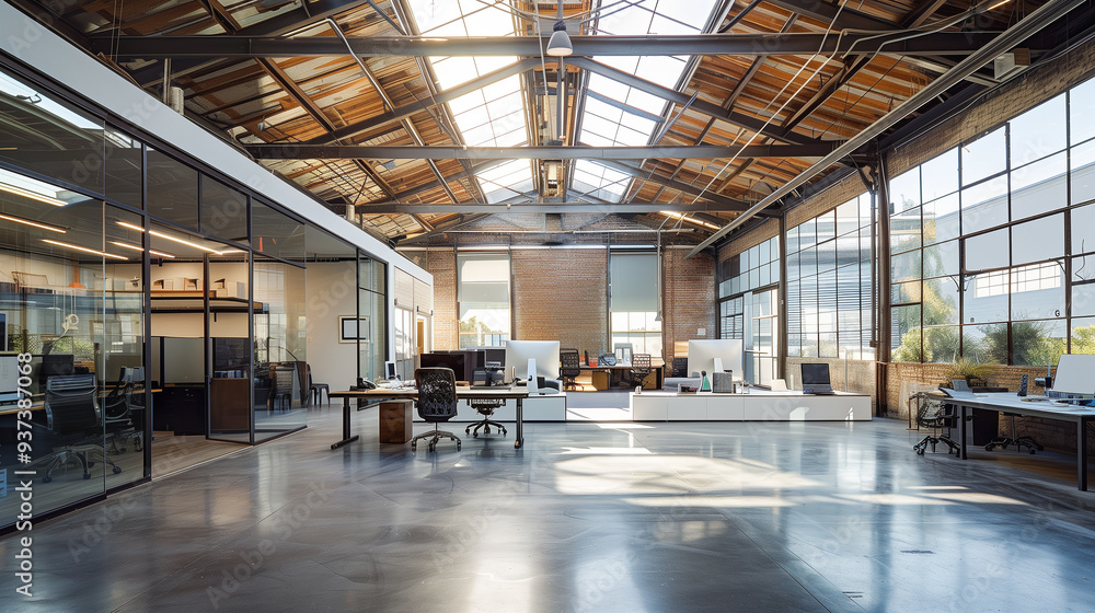 Poster warehouse's natural light enhanced by incorporating large skylights and expansive windows. glass par