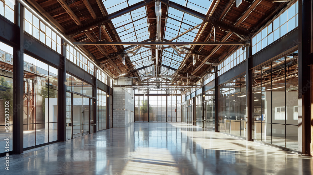 Aufkleber warehouse's natural light enhanced by incorporating large skylights and expansive windows. glass par