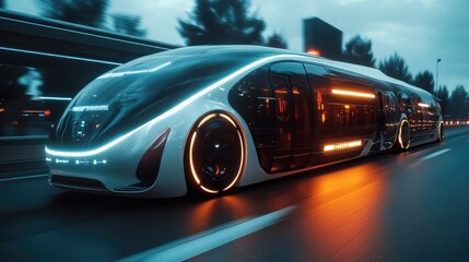 Fototapeta premium Futuristic Electric Autonomous Bus on Highway at Dusk - Advanced Transportation Concept
