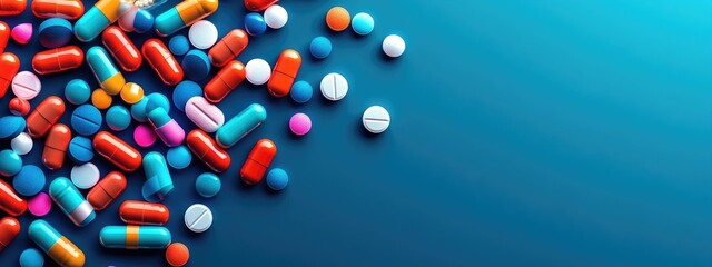 Colorful Assortment of Pharmaceutical Pills and Capsules on a Blue Background