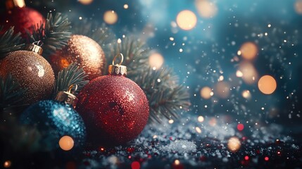 Festive Christmas Ornaments with Glitter and Pine Branches in Snowy Winter Setting