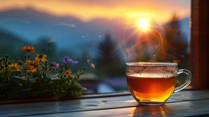 A steaming cup of tea at sunrise with scenic mountain view, glass cup, filled with hot tea placed on a wooden windowsill