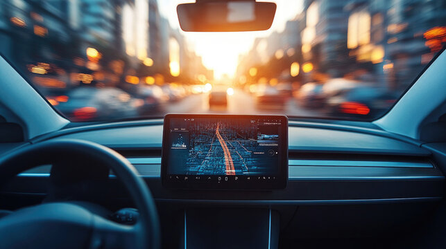 Autonomous Self-Driving Car With Smart Navigation System in Urban Sunset - Powered by Adobe