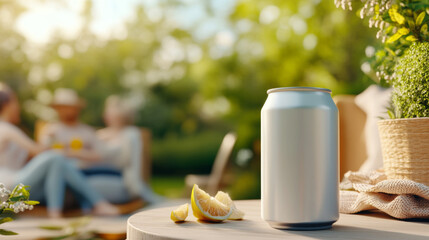 A can of soda sits on a table next to a bowl of oranges. The scene is set in a backyard with a group of people sitting on chairs and enjoying the outdoors. Scene is relaxed and casual