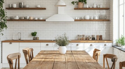 Bright Modern Kitchen with Wooden Table, Open Shelves, and White Tiles