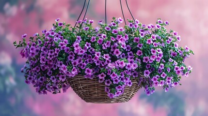 A vibrant hanging basket filled with purple flowers against a soft, blurred background.