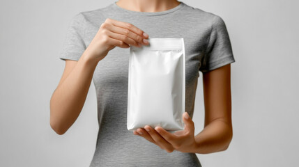 A woman is holding a white bag in her hand. The bag is empty and he is a product of some sort. The woman's expression is neutral, and she seems to be holding the bag casually