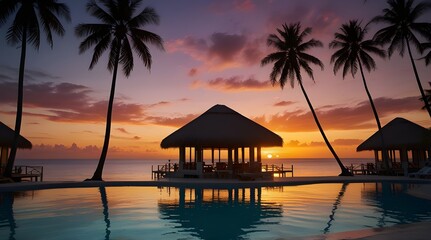 Beach Holidays Relaxing near Swimming Pool at Sunset, Honeymoon Vacation Travel. generative.ai