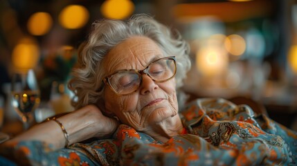 Obraz premium Hilarious Granny Dozes Off at Rowdy Family Party - Concept of Sleepy Seniors and Festive Chaos