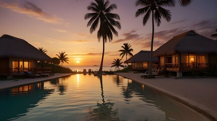 Beach Holidays Relaxing near Swimming Pool at Sunset, Honeymoon Vacation Travel. generative.ai