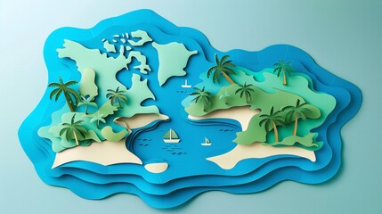 Tropical Paradise Island Paper Cutout with Palm Trees and Sandy Beaches