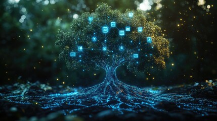 Digital Tree of Knowledge with Glowing Icons Representing Technology and Connectivity