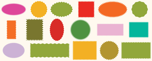 Zig zag Wavy Edge Rectangle, Vector Jagged Geometric Shapes. Oval, Circle Stickers Set.  Abstract Elements for Frame, Stamp, Template, Promo Design, Web Design and Social 