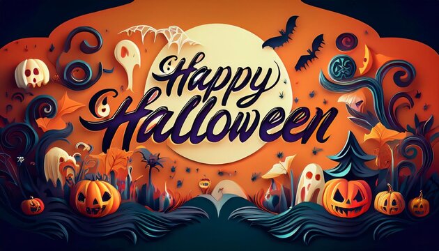 Festive halloween scene featuring paper cutouts of pumpkins, ghosts, bats, and a full moon