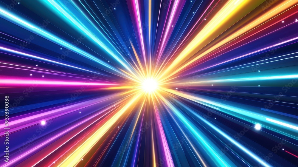 Poster a vibrant burst of light and color radiating outward, creating a dynamic visual effect.