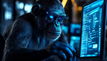 Abstract AI-Generated Collage: Expert Monkey Programmer Working on Computer Software. Creative Fusion of Animal Symbolism and Technology, Depicting Modern IT Professional. Minimalist Composition with 