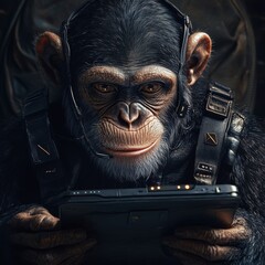 Abstract AI-Generated Collage: Expert Monkey Programmer Working on Computer Software. Creative Fusion of Animal Symbolism and Technology, Depicting Modern IT Professional. Minimalist Composition with 