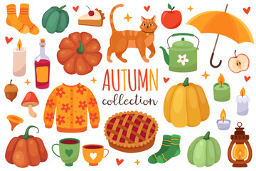 Collection of autumn vector illustrations. Pumpkins, cat, knitted sweater, pie, umbrella, candles, socks, teapot, cups, lamp, apple, acorn, mushroom, wine. October, fall. Cozy autumn.
