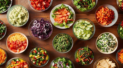Fototapeta premium Vibrant Healthy Menu - Fresh Salads, Wraps, and Sandwiches with Colorful Natural Ingredients for Satisfying Meals