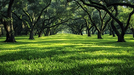 Serene Forest Canopy: Lush Green Grass and Towering Trees Embodying Nature's Beauty and Conservation Efforts