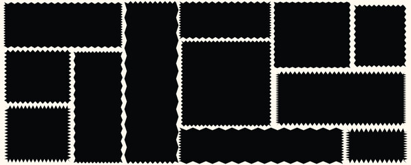 Set of frames with zigzag edge, Rectangle shape frame with zigzag edge. scallop edge shape. Set of jagged ellipses elements. Rectangular jagged curved box element. Geometric zig zag wavy stickers. 