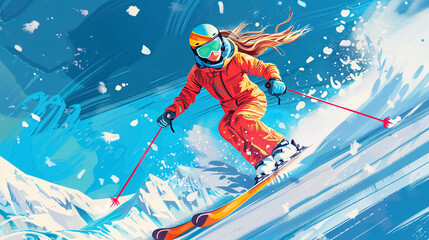 Girl skiing: A skier in a bright suit and outfit with long pigtails rides down a track with swirls