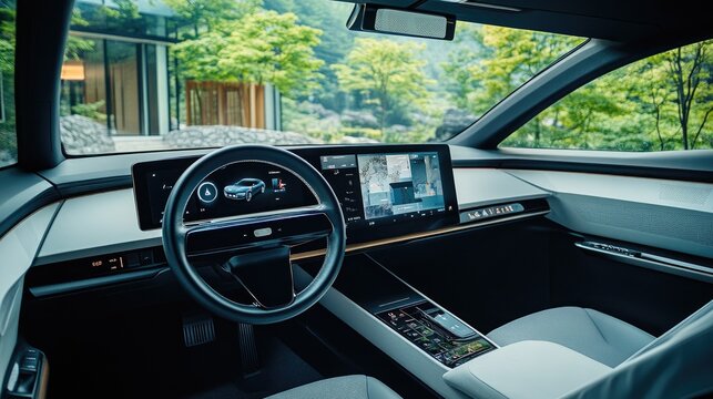 Modern Electric Car Interior with Digital Dashboard in Luxury Home Setting