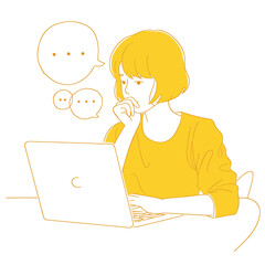 Woman contemplating while working on laptop, surrounded by empty speech bubbles in minimalist yellow illustration